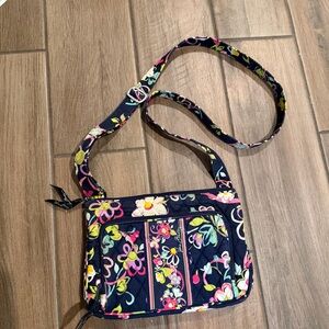 Vera Bradley Ribbons Quilted Crossbody Bag Navy Floral Multi Pocket Purse